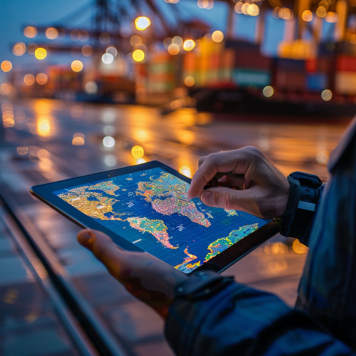 Mão apontando um mapa-múndi num tablet, com o porto ao fundo