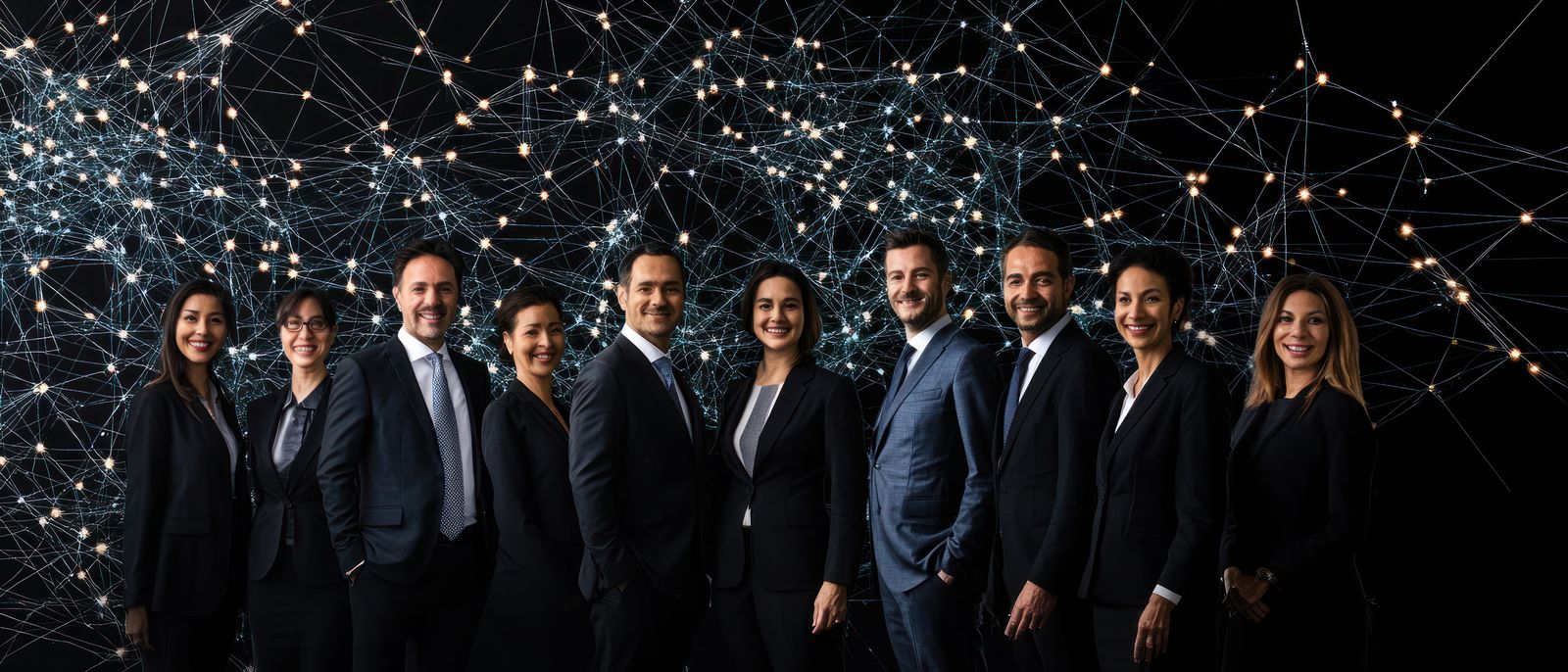 Grupo de executivos lado a lado, diante de uma rede de conexões iluminada